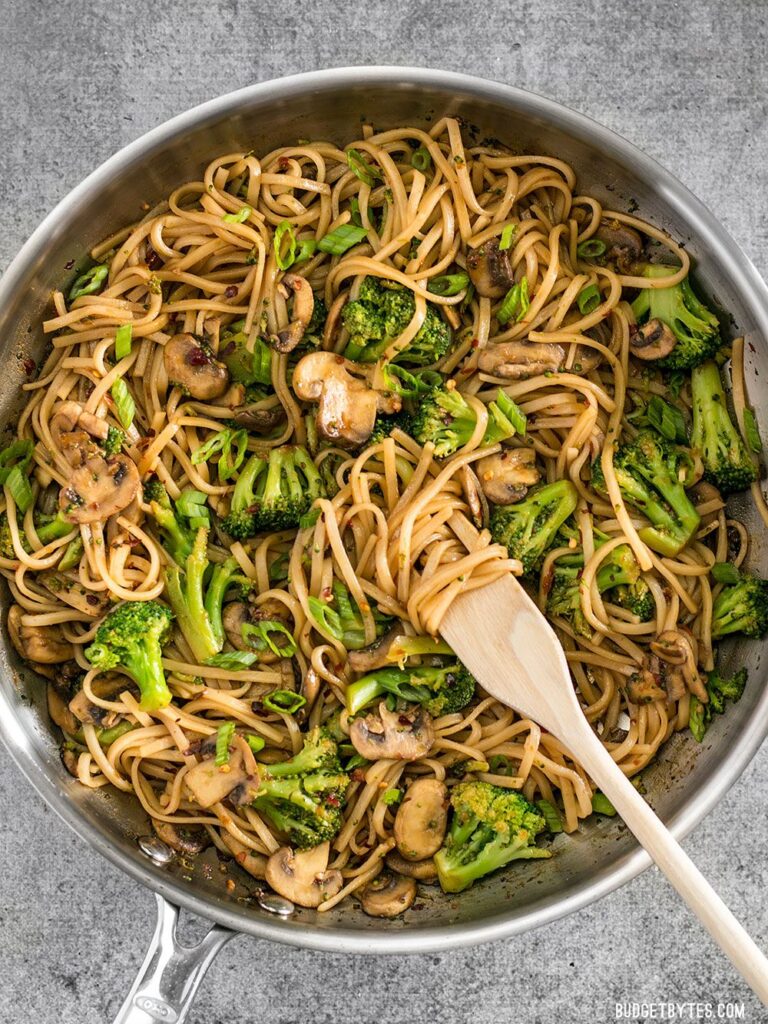 Vegan Garlic Oil Vermicelli with Mushrooms and Broccoli Katie's Catering